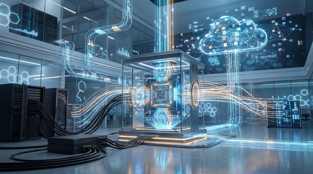 Quantum computer core processes complex data streams inside a high-tech server room facility.