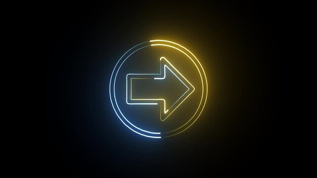 Neon glowing arrow icon inside a circle a bright blue and yellow symbol inside