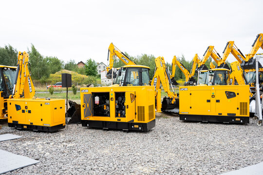09.11.2026 - Lviv, Ukraine: JCB construction machinery displayed at a construction equipment exhibition, showcasing heavy machinery, excavators and industrial equipment