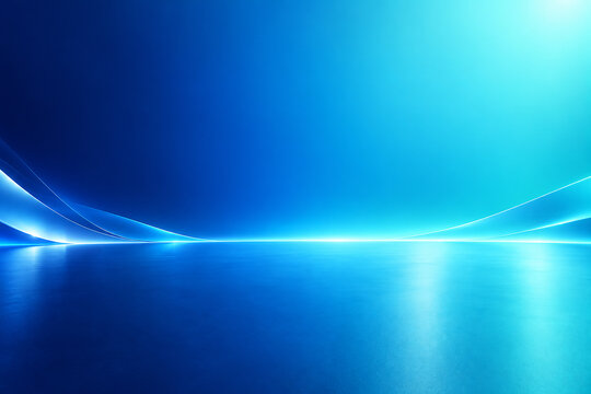 Abstract blue 3d background with smooth glowing waves, copy space and polished floor. Modern futuristic studio backdrop for banner or presentation.