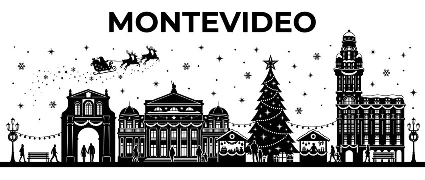 Montevideo Uruguay Christmas Skyline Silhouette with Palacio Salvo and Teatro Solis Landmarks, Festive Holiday Cityscape Stencil Vector Art