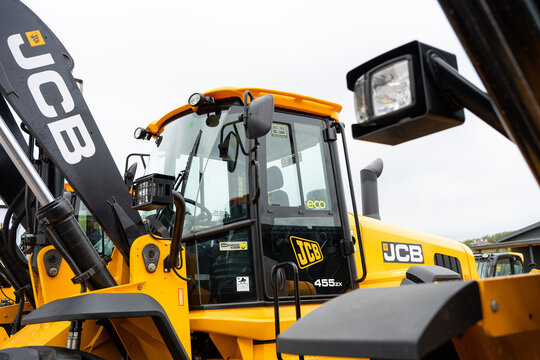 09.11.2026 - Lviv, Ukraine: JCB construction machinery displayed at a construction equipment exhibition, showcasing heavy machinery, excavators and industrial equipment