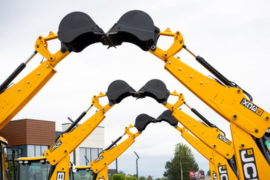 09.11.2026 - Lviv, Ukraine: JCB construction machinery displayed at a construction equipment exhibition, showcasing heavy machinery, excavators and industrial equipment