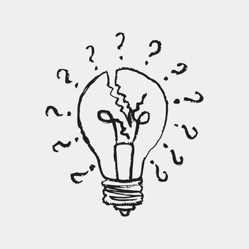 Hand drawn cracked lightbulb vector representing problem solving and doubt. Bold charcoal outlines give a quick sketch feel. Ideal vintage crayon style illustration for creative failure concepts.
