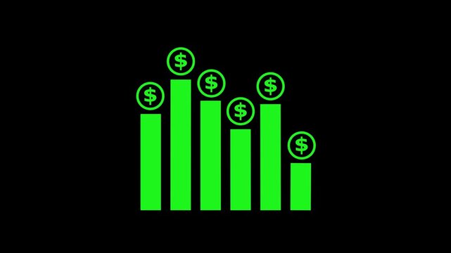 Declining bar chart animation displays falling columns with dollar marks. Negative market trade performance guides the declining bar chart. Economic financial loss reflects on the bar chart.
