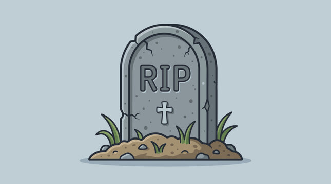 Cartoon tombstone with RIP inscription and grassy burial mound in minimalist illustration.