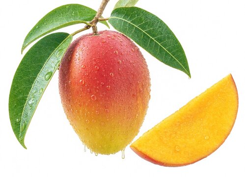 Ripe tropical mango fruit with leaves and a slice on a white background