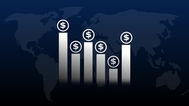 Declining bar chart animation tracks global losses on a world map. International market downturn analytics guide the declining bar chart. Business monetary loss reflects on the bar chart.