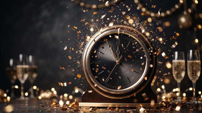 Vintage mantel clock displaying midnight sits amid exploding golden confetti and bokeh champagne glasses during a New Year celebration.