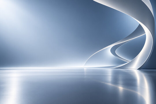 Modern abstract futuristic architectural room, glowing white curved wave design, empty studio product showcase backdrop with lighting, sleek 3d background.