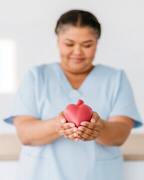 Doctor holding a red anatomical heart model with a gentle grip in a bright clinic, with copy space for healthcare and patient care campaigns
