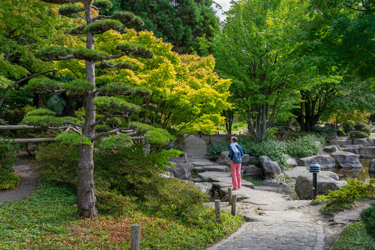 Hamburg, Deutschland: St&auml;dtetrip mit Besuch im Gr&uuml;nen im Planten un Blomen, Japanische Garten, Botanischer Garten - Frau sucht Ruhe, Erholung im Stadt Park