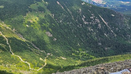 High angle aerial view of winding mountain trail in steep Karkonosze valley © Leszczu