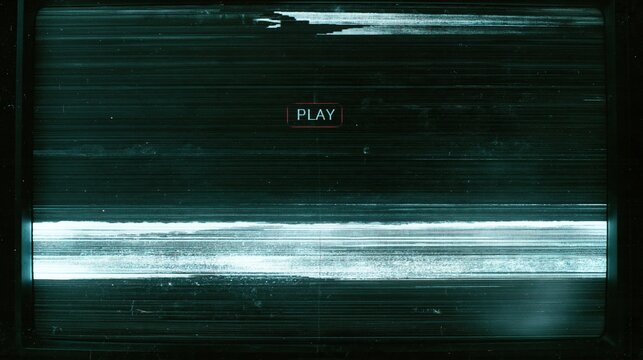Glitchy tv screen with analogue static noise and a red play badge, featuring cold metallic tones for broadcast and media design mockup