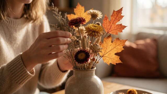 Autumn flower arrangement concept with woman hands composing dried chrysanthemums and maple leaves in ceramic vase, cozy home decor lifestyle scene
