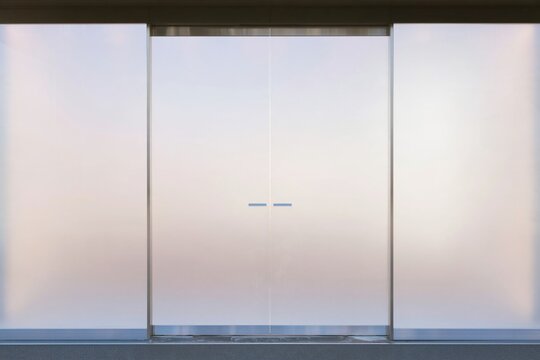 Glass storefront door with a slim metal frame, featuring a frosted translucent finish and clean lines for a retail mockup template