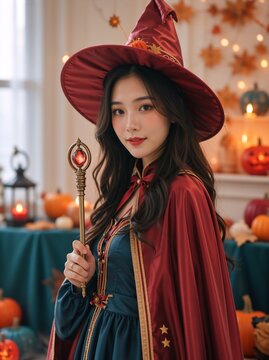 Portrait of a young Asian woman in a witch costume holding a magic wand. Festive Halloween background with pumpkins and warm lights
