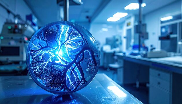 Close-up of glowing blue energy sphere with intricate patterns in a modern laboratory