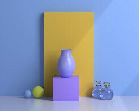 Keramikvase in Hellblau mit Flakon-Paar und zwei Kugeln auf Podest in Hellblau