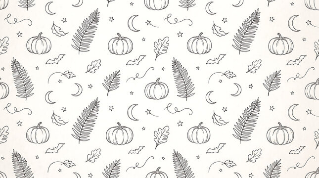 Halloween Seamless Pattern with Hand Drawn Pumpkins, Bats, Leaves and Autumn Icons on White Background