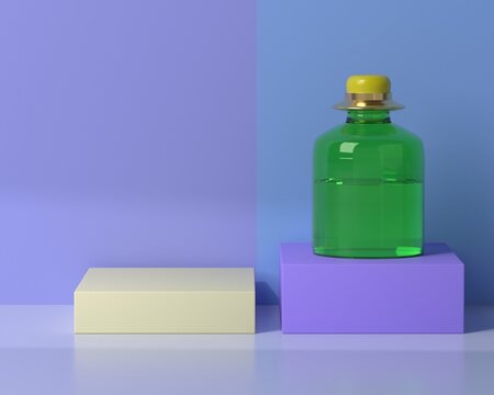 Apothekerflakon aus Glas in Gr&uuml;n auf Podesten in Hellblau und Beige