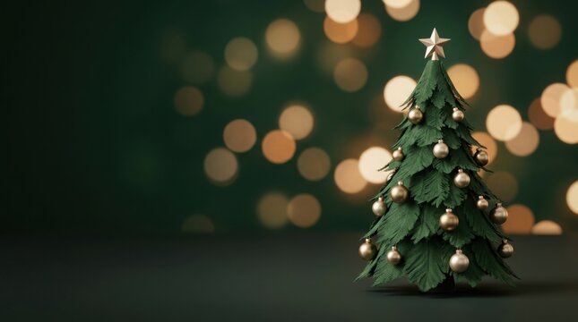 Decorated evergreen tree with golden ornaments against soft bokeh lights in studio