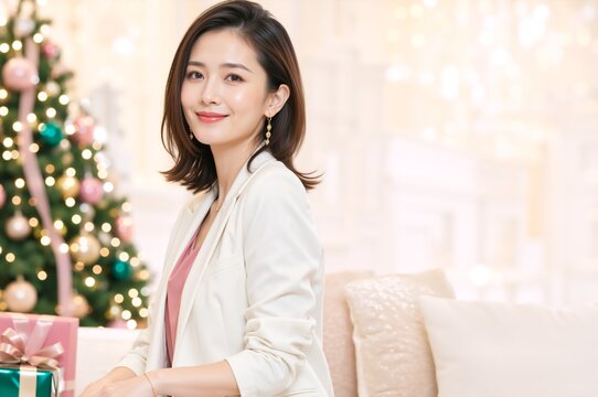 Smiling East Asian woman in a white blazer sitting in a decorated living room. Happy young female celebrating Christmas at home. Holiday season concept