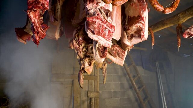 Meat and Sausages Hanging in a Smoky Traditional Smokehouse