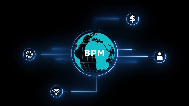 Business process management animation links badges around globe. Operational workflow efficiency routes through the management. Automated corporate administration guides the management.