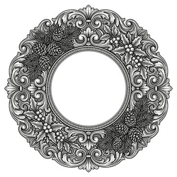 Ornate Christmas wreath illustration with pinecones and holly  