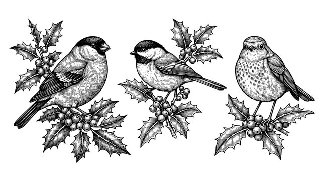 Winter birds on holly twigs in detailed black and white illustration  