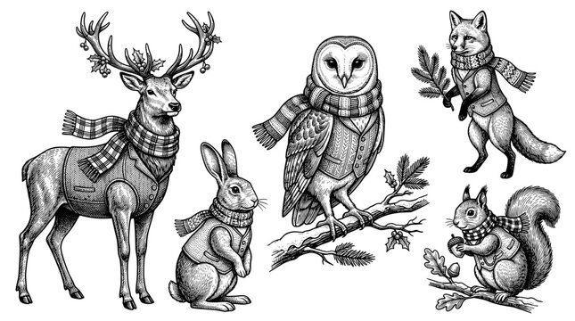 Winter animals in scarves including reindeer, owl, fox, rabbit, and squirrel  