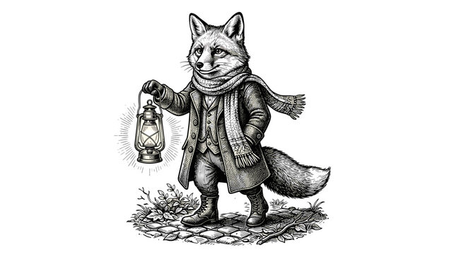Fox holding glowing lantern in scarf and coat on cobblestone street  