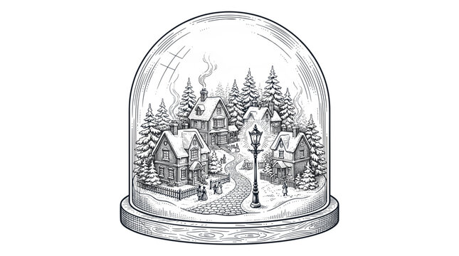 Glass cloche with winter village scene representing Christmas  