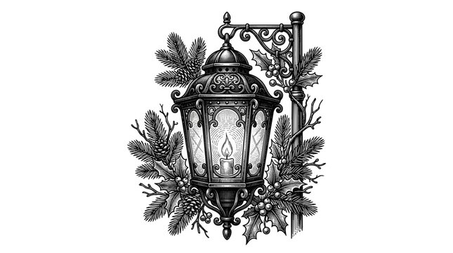 Ornate street lantern with pine branches for Christmas decoration  