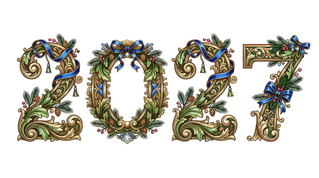 Ornate 2027 numbers decorated with Christmas wreath and ribbons  