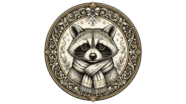 Raccoon wearing holiday scarf for Christmas illustration  