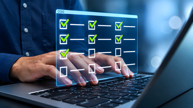 Task management and scheduling software. To-do list for progress tracking. Businessperson using laptop computer to manage and prioritize tasks.