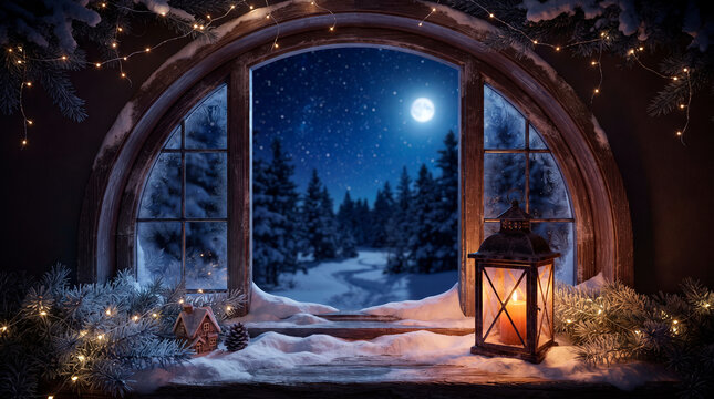 Cozy winter window view with a glowing lantern and snowy pine trees under a bright full moon night
