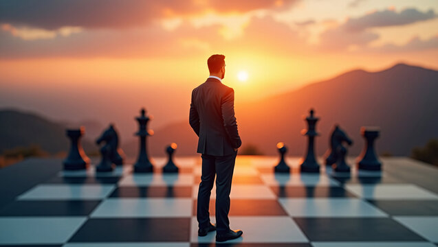 Businessman standing on giant chessboard, facing sunset mountains, business strategy concept.
