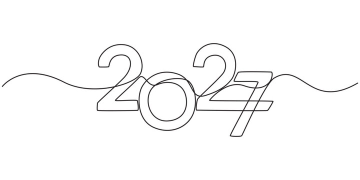 Continuous One Line Drawing of 2027 New Year Text, Minimal Monoline Typography, Hand Drawn Number Lettering Design, Happy New Year Celebration Concept, Editable Stroke, Isolated Outline Vector Graphic