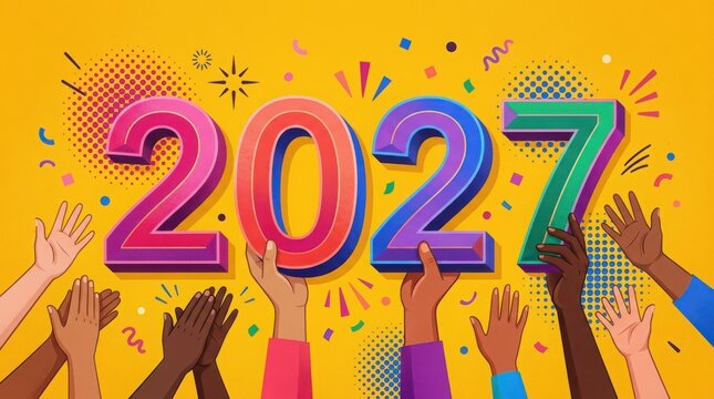 Diverse hands lifting colorful 3D numbers forming 2027 with confetti and halftone dots against yellow background
