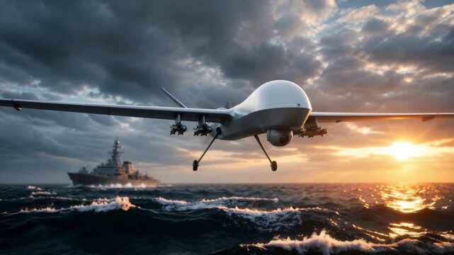 Armed unmanned combat aerial vehicle in flight over rough sea near a warship at sunset