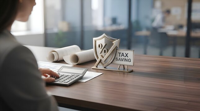 Tax Planning and Accounting Concept with Calculator, Documents, Tax Symbol, and Office Desk &mdash; Tax accounting, financial planning, taxation, bookkeeping, business finance, tax return, accounting servic