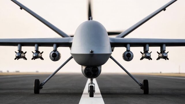 Front view of armed unmanned combat aerial vehicle on runway with propellers spinning