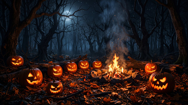 Halloween background with glowing jack o lanterns around a forest campfire at night