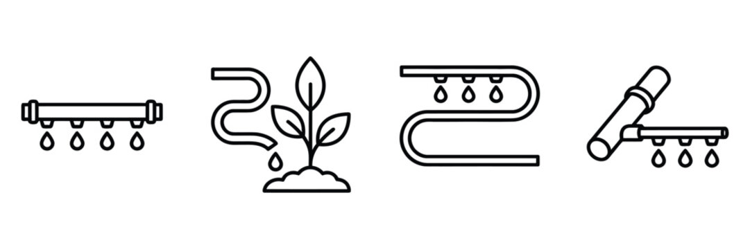 Set of four lineart irrigation and garden watering system vector icons isolated on transparent background