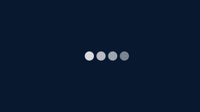 Loading indicator animation pulses with five aligned data circles. System software buffering progress updates on the loading indicator. Digital user interface waiting runs on the loading indicator.