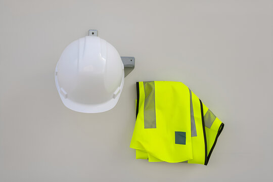 White hard hat on a hook with a folded hi-vis vest nearby