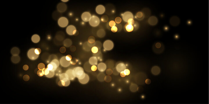 Golden bokeh lights create a soft and blurry glowing effect. The lights vary in size and intensity spread across a dark background. This image is perfect for festive or elegant digital.